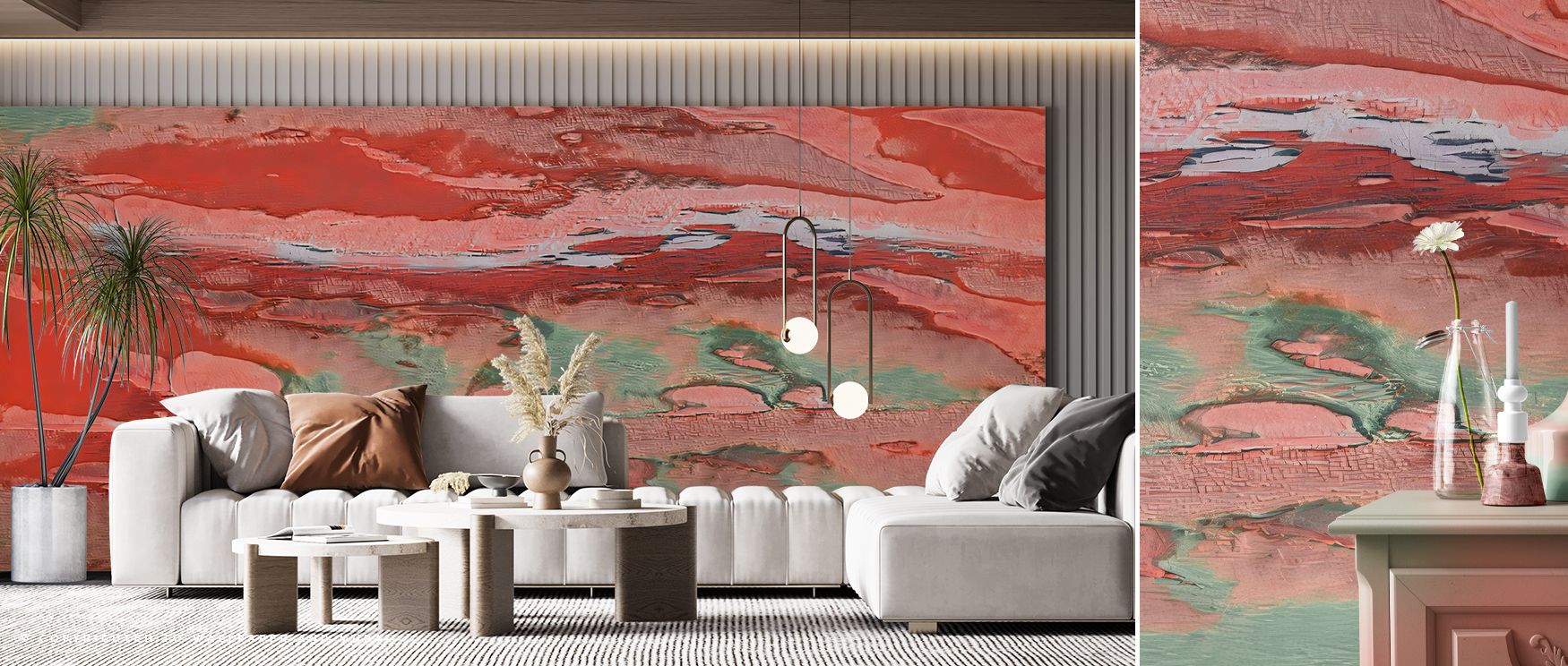 Decorative aware ruby mural wallpaper showcasing bold tones, perfect for living rooms or dining areas, offering decorative accents that enrich interiors with modern luxury, stylish artistry, and contemporary charm. 
