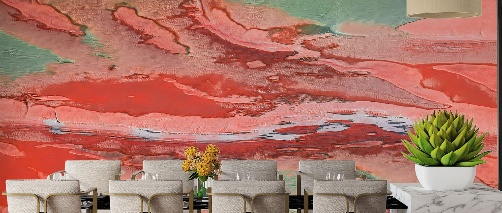 Aware ruby abstract mural wallpaper enriched with bold artistic tones, perfect for bedrooms or living rooms, creating interiors enriched with decorative accents, confident charm, and modern elegance. 