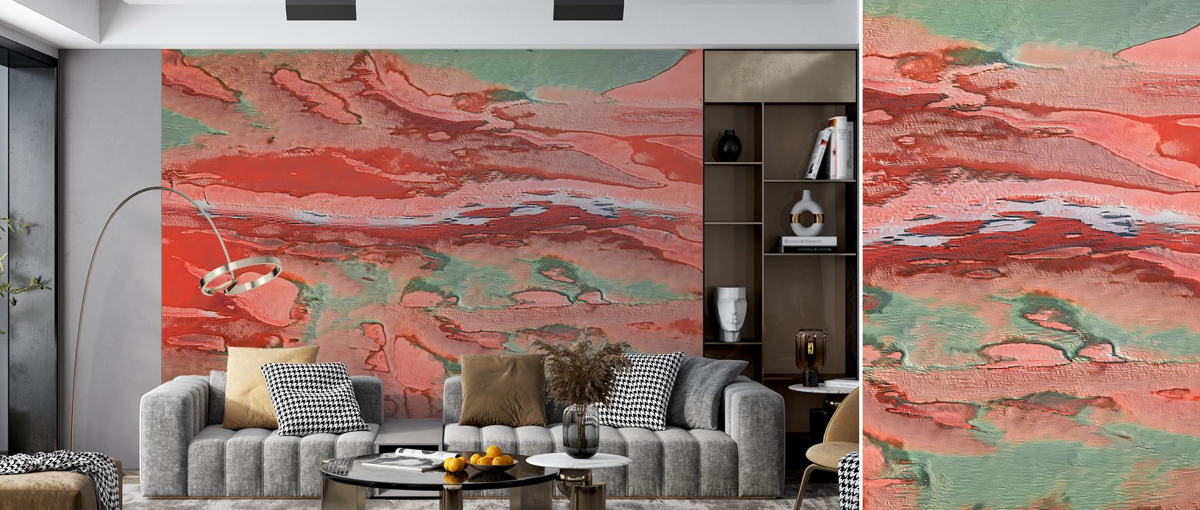Decorative aware ruby mural wallpaper enriched with ruby tones, suitable for living rooms or study areas, providing decorative accents that enrich interiors with luxurious artistry, bold elegance, and modern stylish design. 