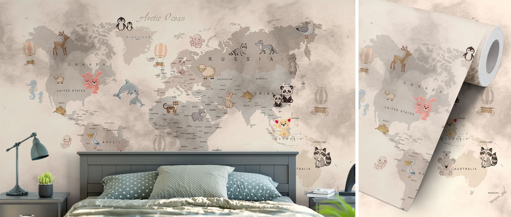 Geography becomes joyful through the blend of maps and baby animals, enhancing nurseries with gentle charm, children’s rooms with fun, and playrooms with imagination, filling interiors with learning and wonder. 