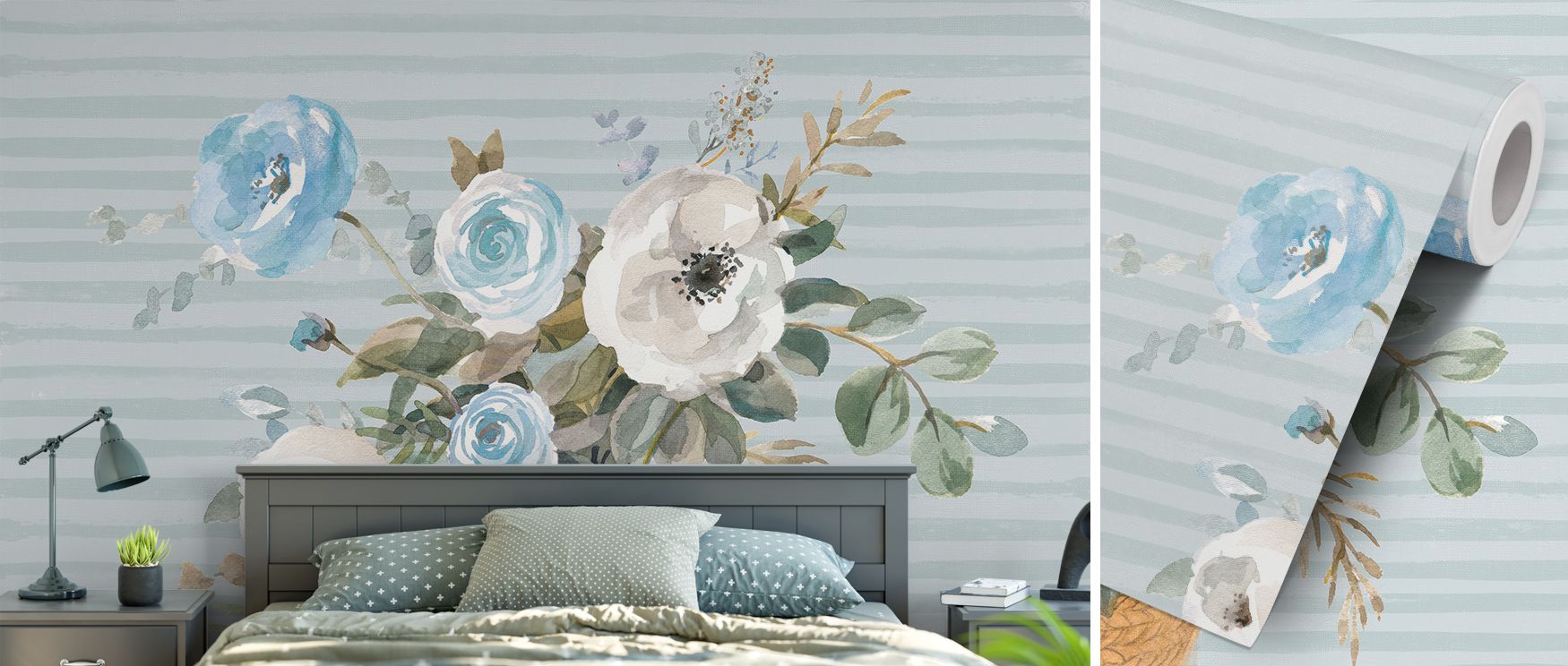 Blue hues combine with floral artistry to enrich bedrooms with calm, living rooms with vibrancy, and nurseries with charm, celebrating natural grace in interior design. 