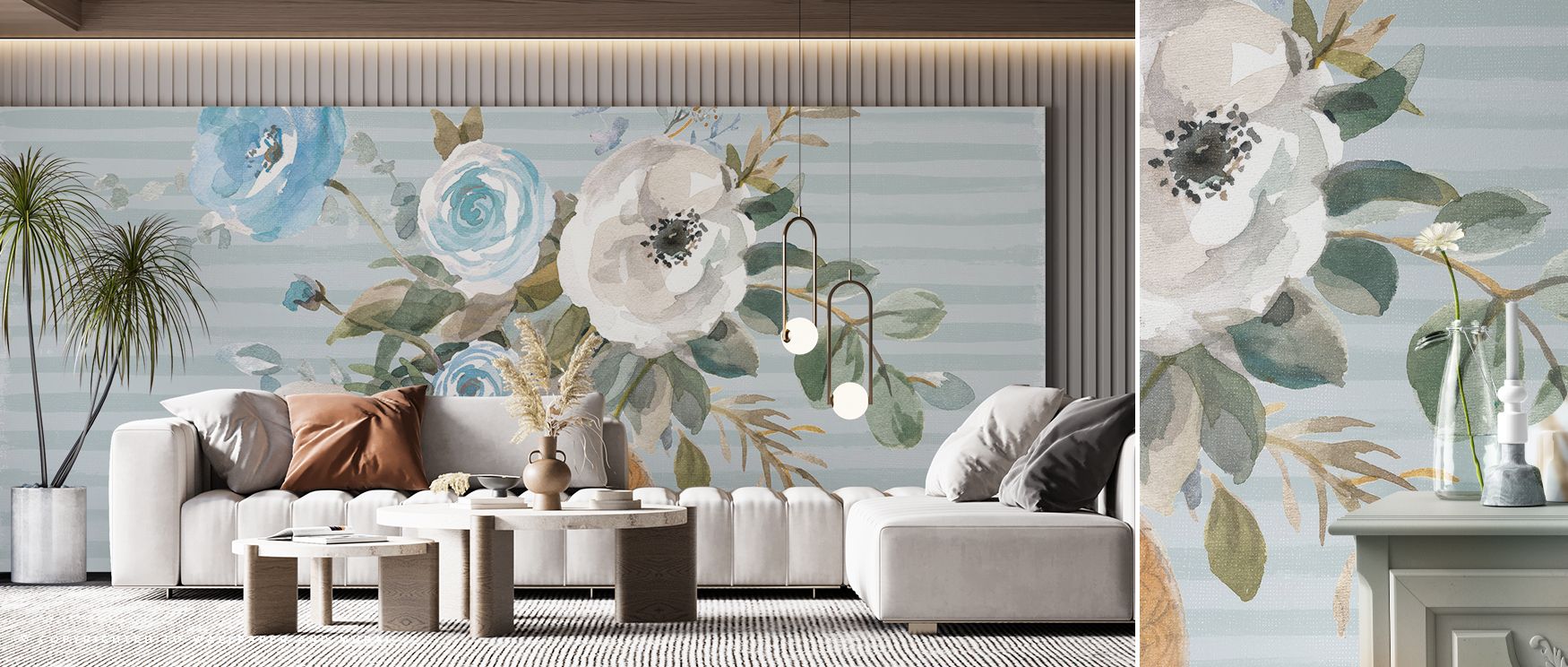 Blossoms bloom across surfaces in rhythmic detail, bringing serenity to bedrooms, sophistication to living rooms, and calm atmosphere to nurseries, offering timeless natural beauty. 