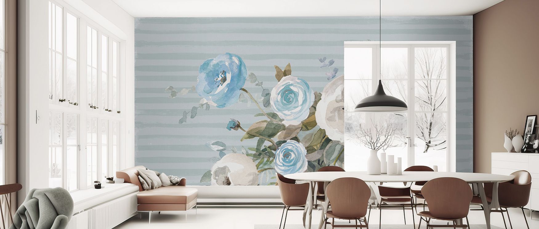 Blue tones and blossoms work together to bring calmness to bedrooms, charm to living rooms, and serenity to nurseries, celebrating timeless floral artistry. 
