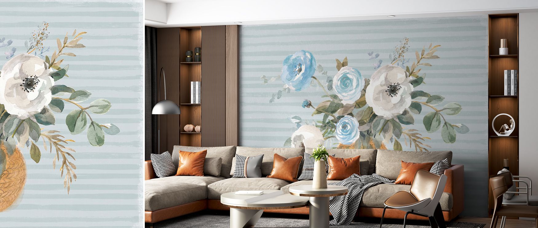 Gentle floral detail enriches the design, making bedrooms restful, living rooms vibrant, and nurseries serene, reflecting timeless artistry and calming tones. 