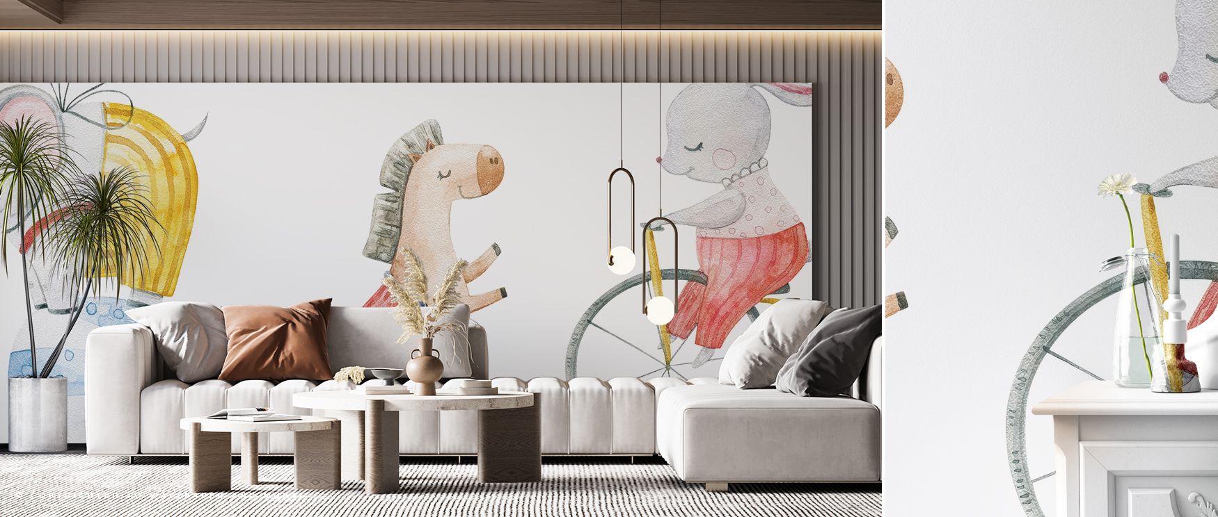 Whimsical creatures appear in rhythmic harmony, bringing serenity to nurseries, charm to children’s rooms, and vibrancy to playrooms, filling interiors with joy. 