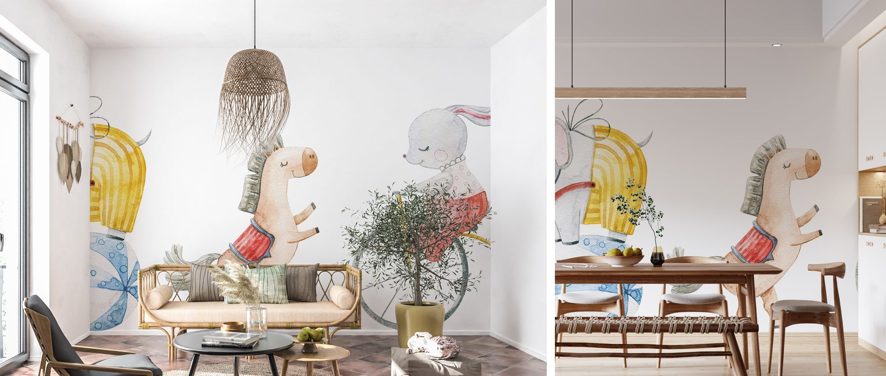 Friendly companions line the wallpaper, enhancing nurseries with comfort, children’s rooms with imagination, and playrooms with energy, making interiors vibrant and joyful. 