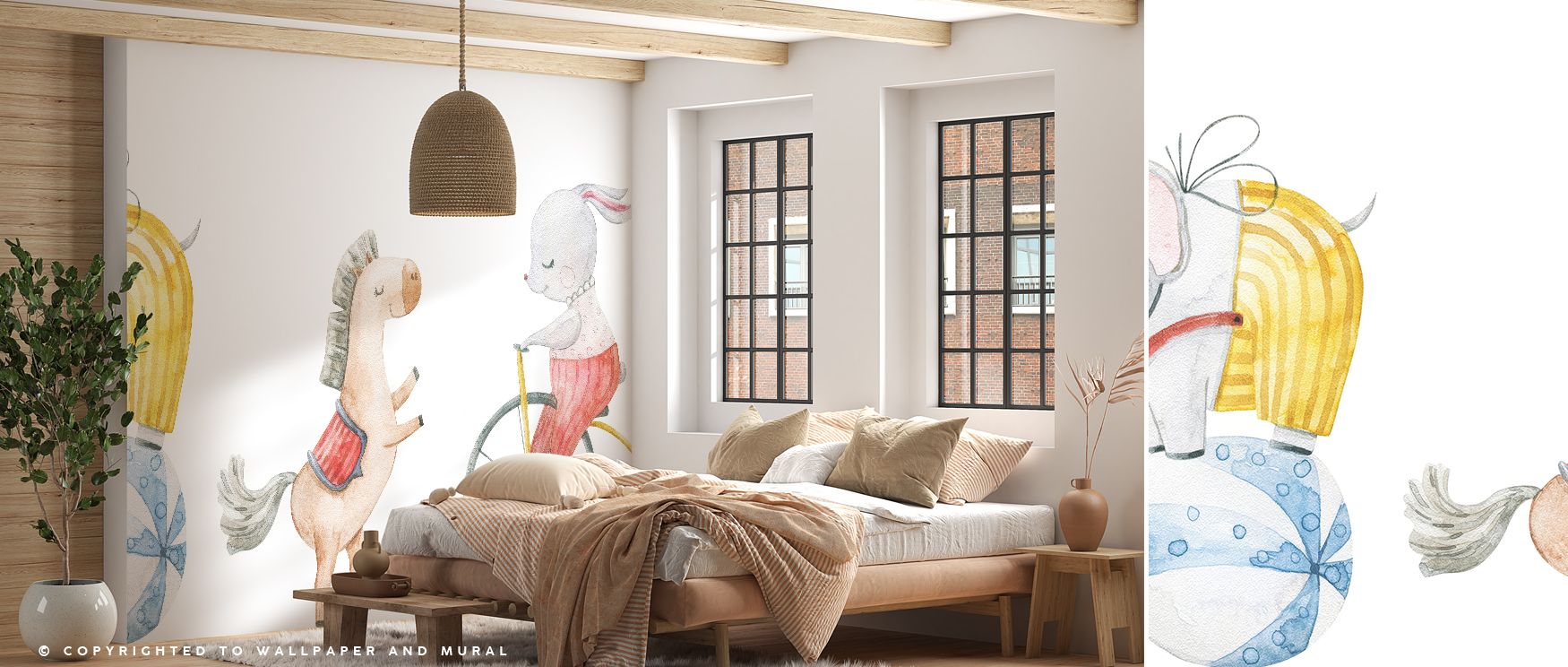 Marching animals create rhythm and fun across the design, giving nurseries restful comfort, children’s rooms playful energy, and playrooms dynamic character. 