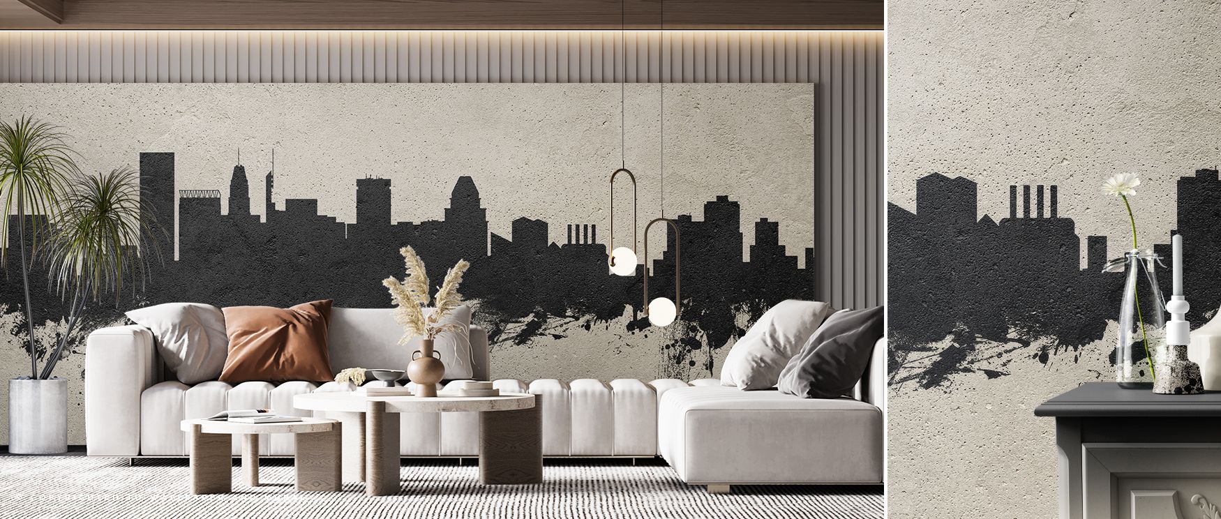 Skyline silhouettes flow across raw textures, giving bedrooms serenity, living rooms vibrancy, and offices inspiration, offering interiors modern urban presence. 