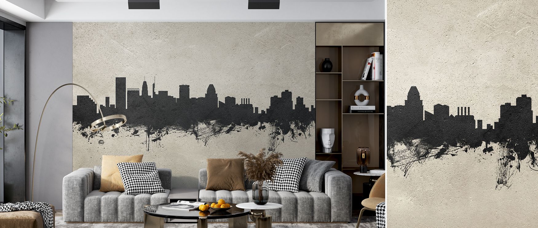 City silhouettes stretch across textured surfaces, making bedrooms calming, living rooms striking, and offices inspiring, celebrating Baltimore with style. 