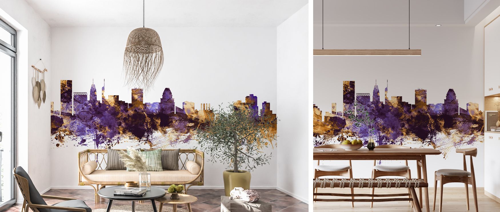 Bold tones of purple and gold sweep across the skyline design, transforming bedrooms into serene retreats, living rooms into dramatic escapes, and offices into inspiring creative hubs. 