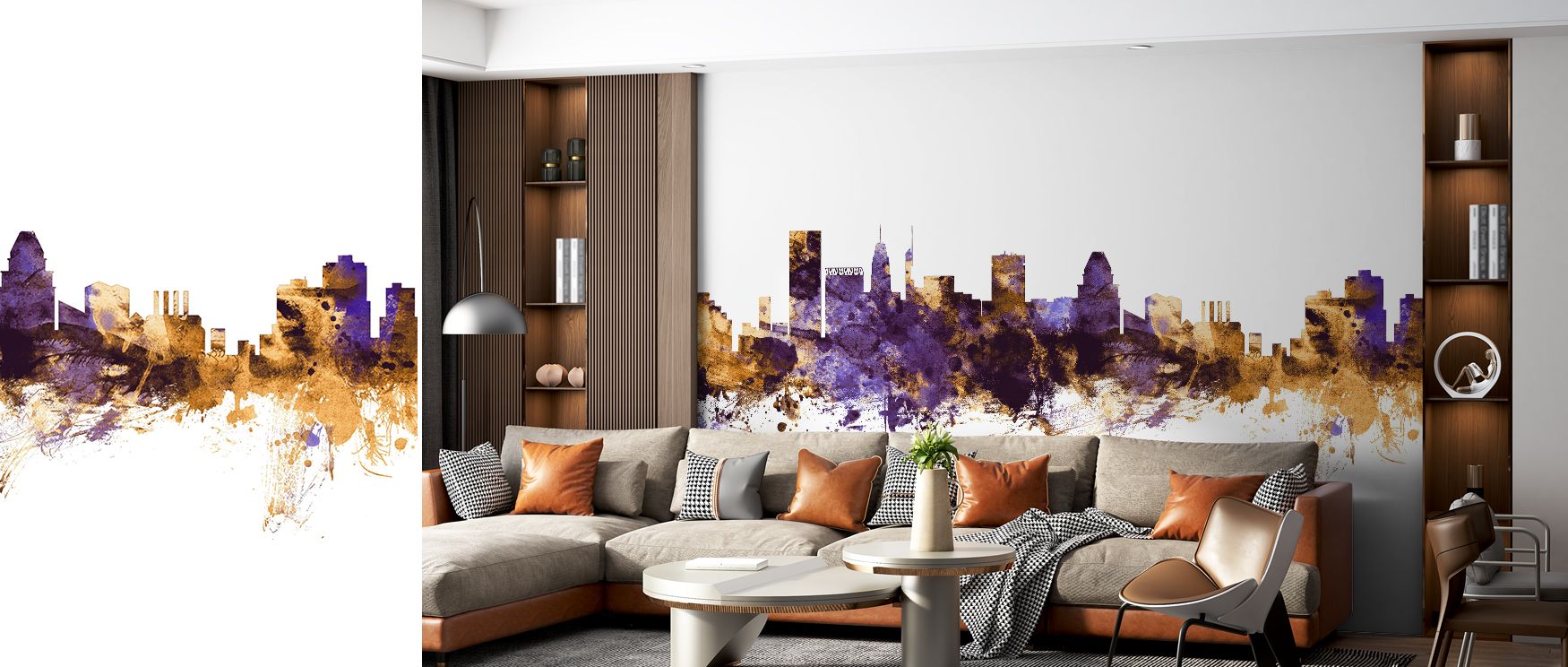 Purple and gold imagery redefines the city skyline, enriching bedrooms with calm charm, living rooms with energy, and offices with inspiration, offering walls metropolitan style. 