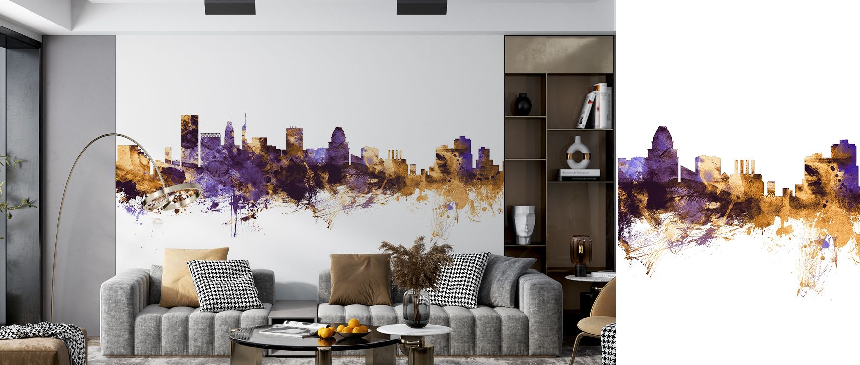 Vibrant tones elevate city silhouettes, creating restful bedrooms, bold living rooms, and creative offices, blending elegance with modern artistry in metropolitan inspired interiors. 