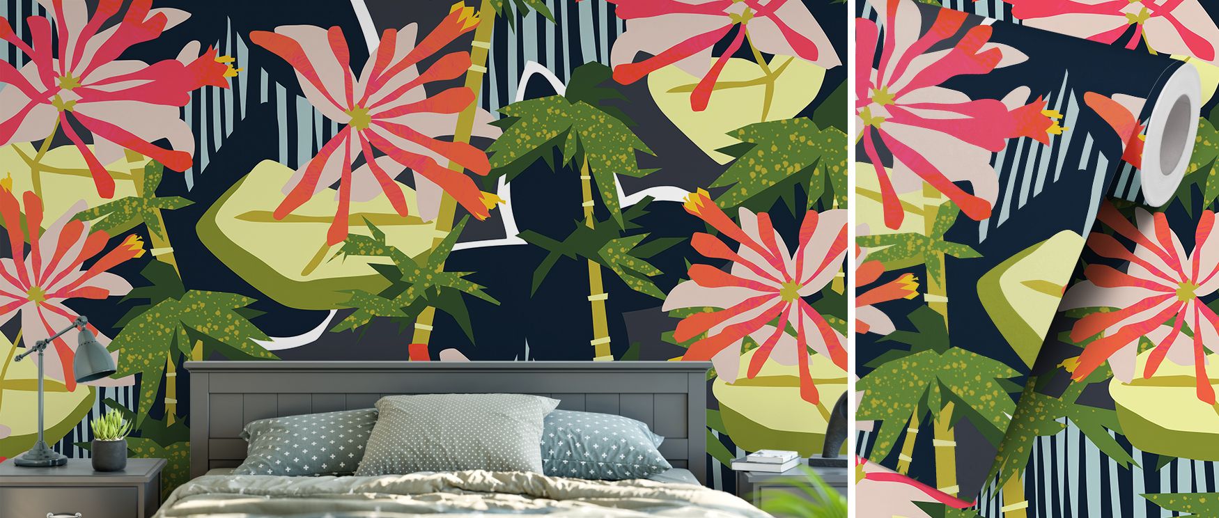 Honeysuckle flowers weave through bamboo patterns, adding tranquility to bedrooms, lively freshness to living rooms, and graceful detail to hallways, ensuring interiors reflect nature’s charm with timeless sophistication and warmth. 