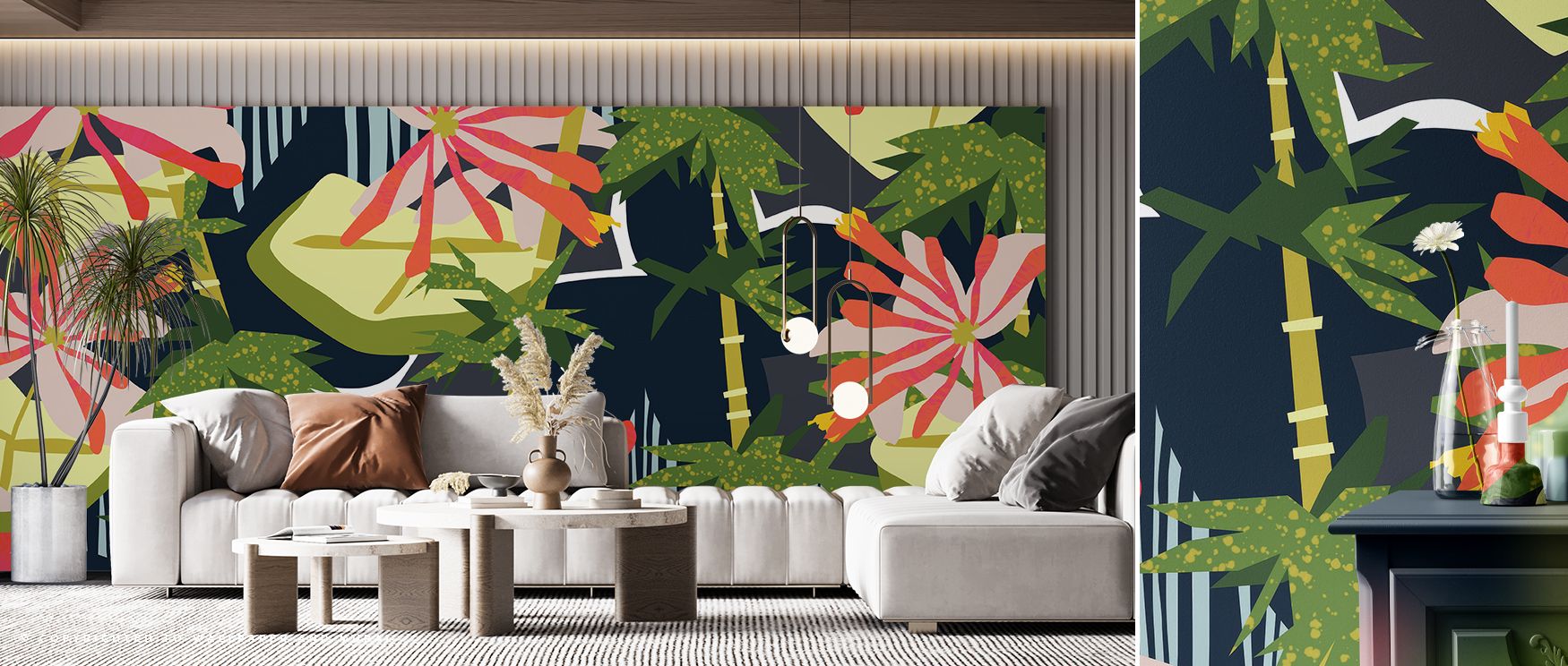 Vibrant greenery blends with floral detail to enrich bedrooms with relaxation, living rooms with botanical vibrancy, and hallways with welcoming atmosphere, making walls feel alive with timeless artistry and natural beauty. 