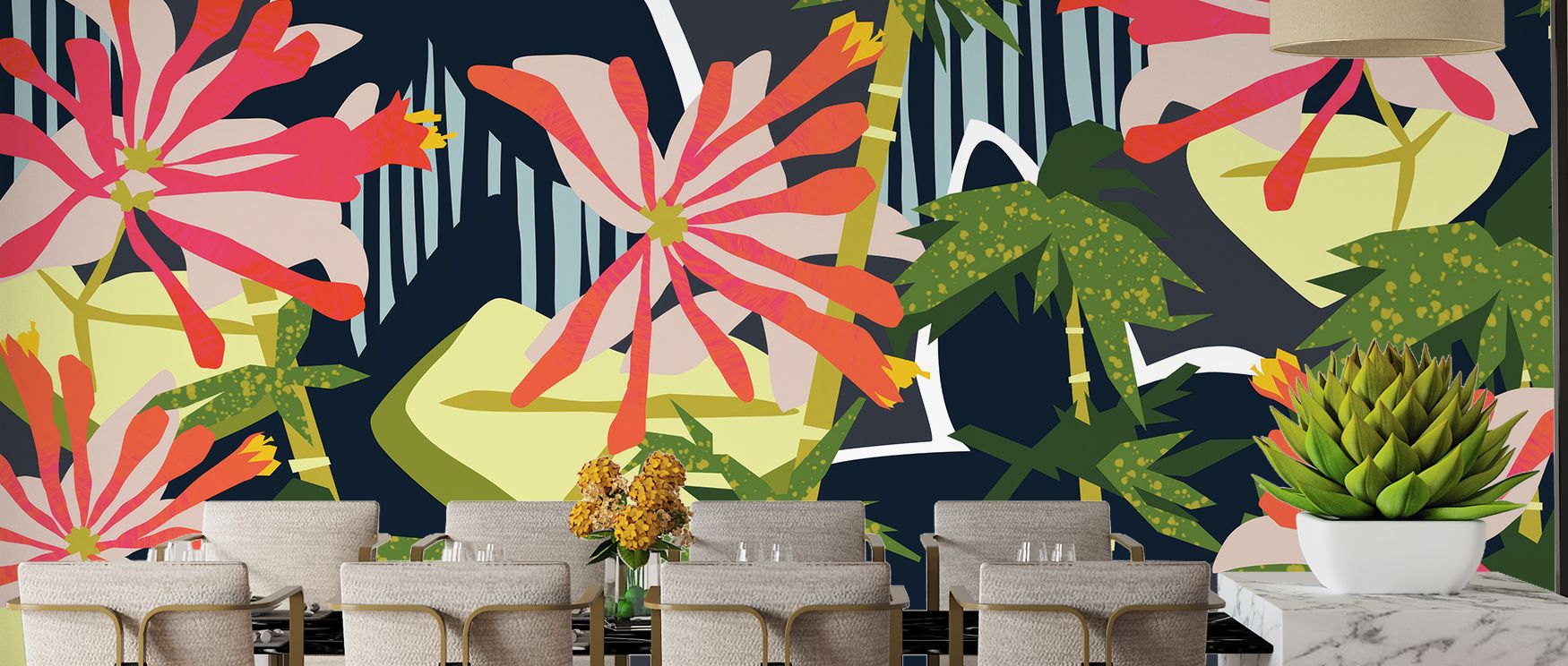 Greenery and floral motifs intertwine across surfaces, turning bedrooms into restful sanctuaries, living rooms into vibrant centers, and hallways into graceful spaces filled with inviting charm. 