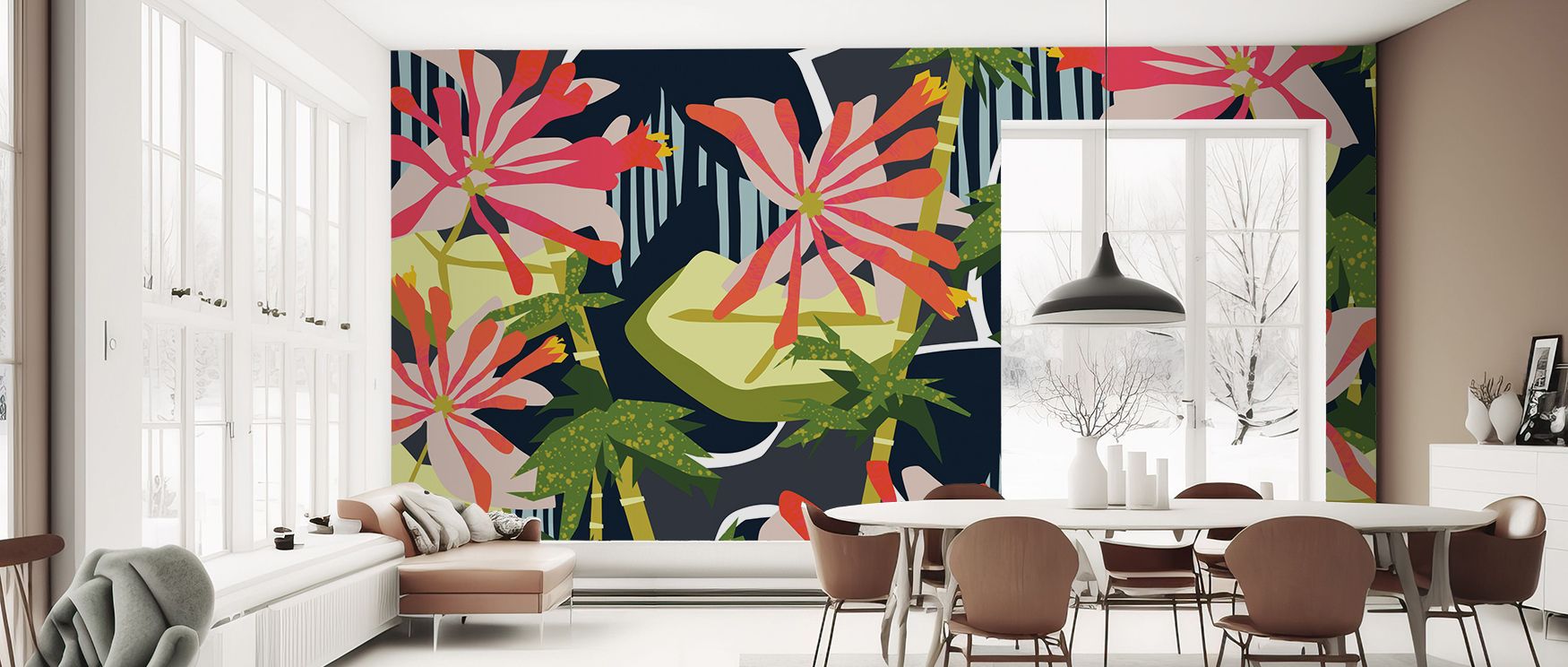 Honeysuckle vines climb elegantly among bamboo patterns, giving bedrooms restful beauty, living rooms lively artistry, and hallways welcoming atmosphere, ensuring interiors glow with organic sophistication. 