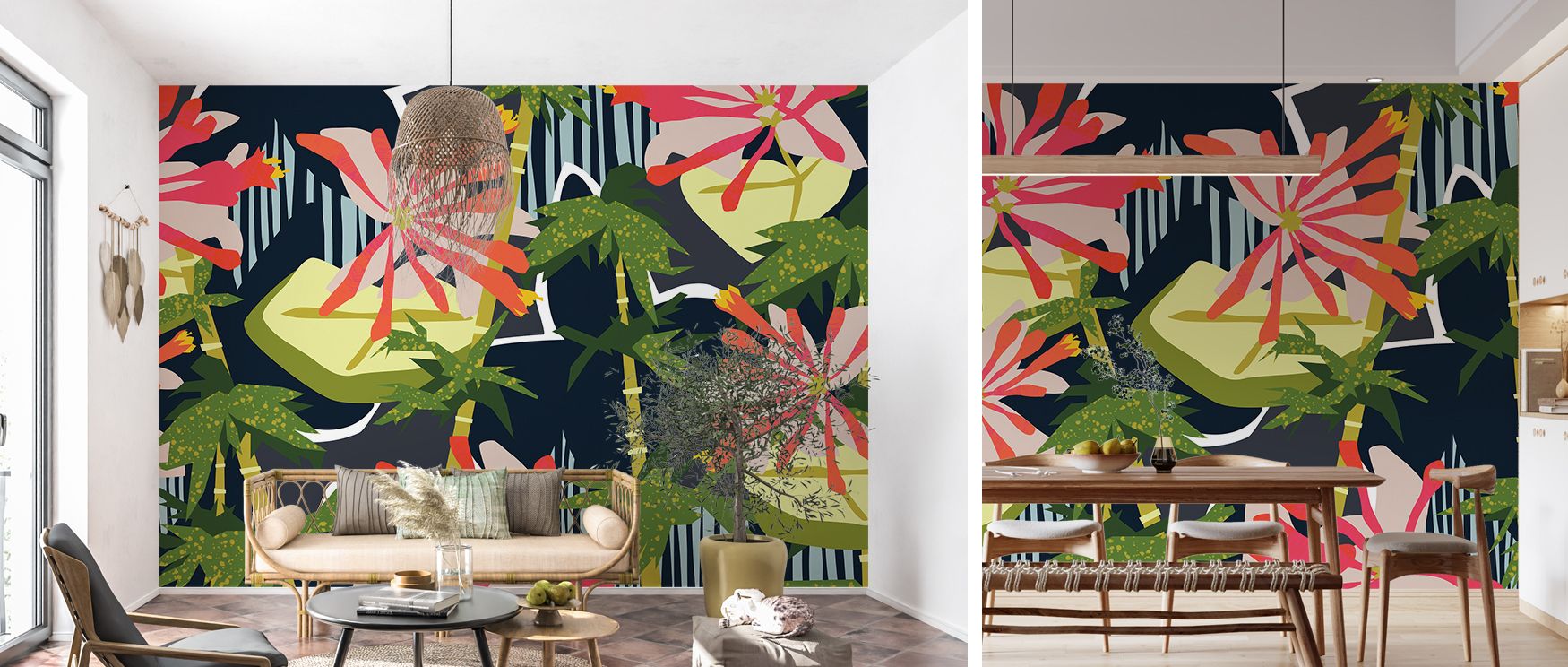 The wallpaper celebrates bamboo’s strength and honeysuckle’s grace, offering bedrooms sanctuary calm, living rooms refreshing vitality, and hallways inviting charm, bringing nature’s balance indoors with timeless character. 