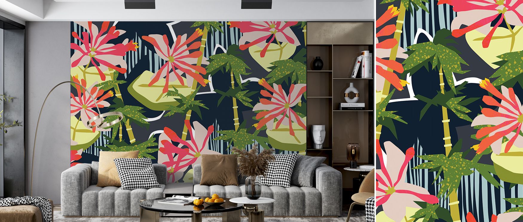 Blossoms soften the boldness of bamboo, adding serenity to bedrooms, liveliness to living rooms, and charm to hallways, blending elegance with freshness in a balanced natural composition. 