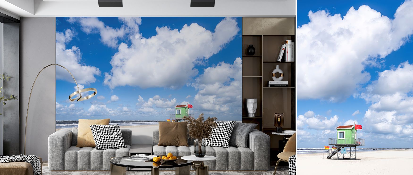 Seaside imagery enhances surfaces with calm tones, offering bedrooms restful beauty, living rooms lively atmosphere, and bathrooms serene elegance, reflecting coastal retreats. 