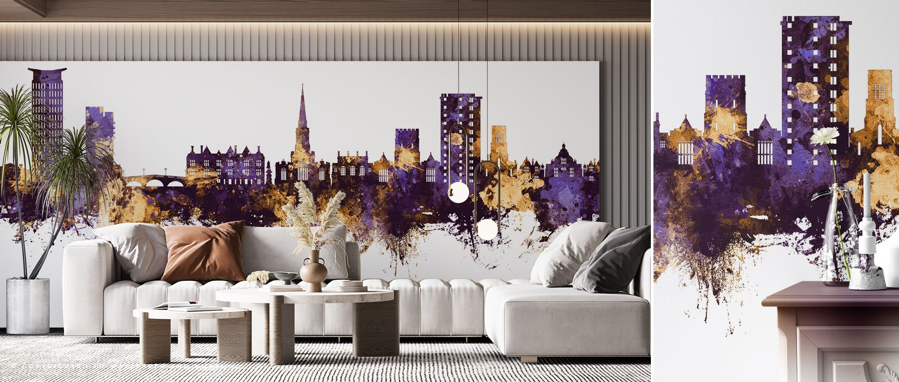 Purple and gold hues sweep across surfaces, creating restful bedrooms, bold living rooms, and inspiring offices, celebrating city heritage with artistic vibrancy and refinement. 