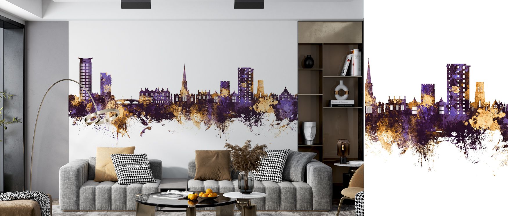 Purple and gold artistry enhances interiors with restful bedrooms, stylish living rooms, and creative offices, ensuring every wall glows with English pride and urban elegance. 