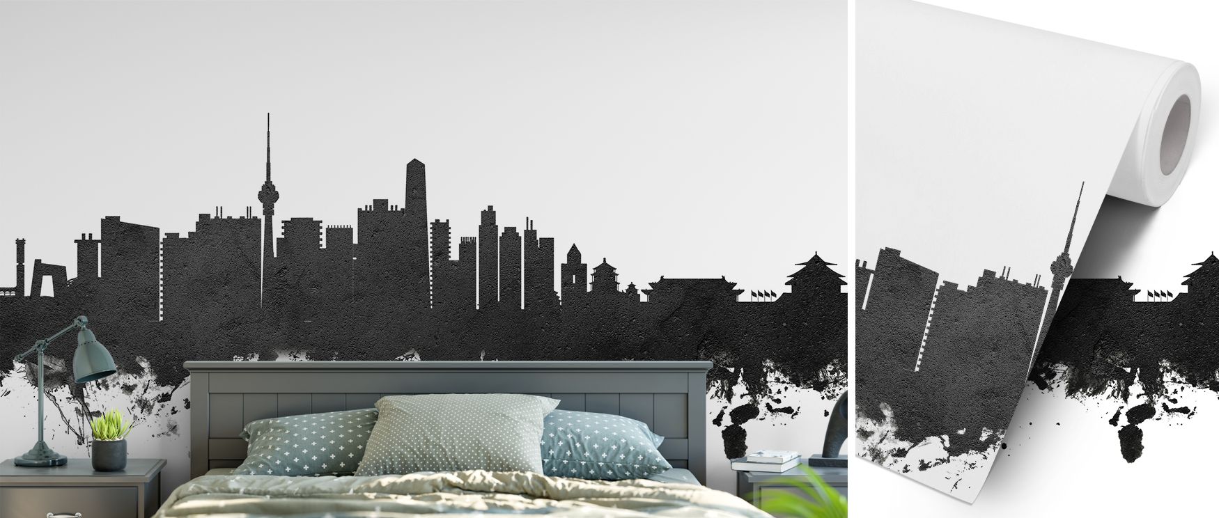 Artistic wallpaper design of Beijing Skyline in black and white tones enhances bedrooms with refined charm as walls are decorated with cityscape imagery that conveys tranquility and balance while bringing urban sophistication to restful settings in a vers
