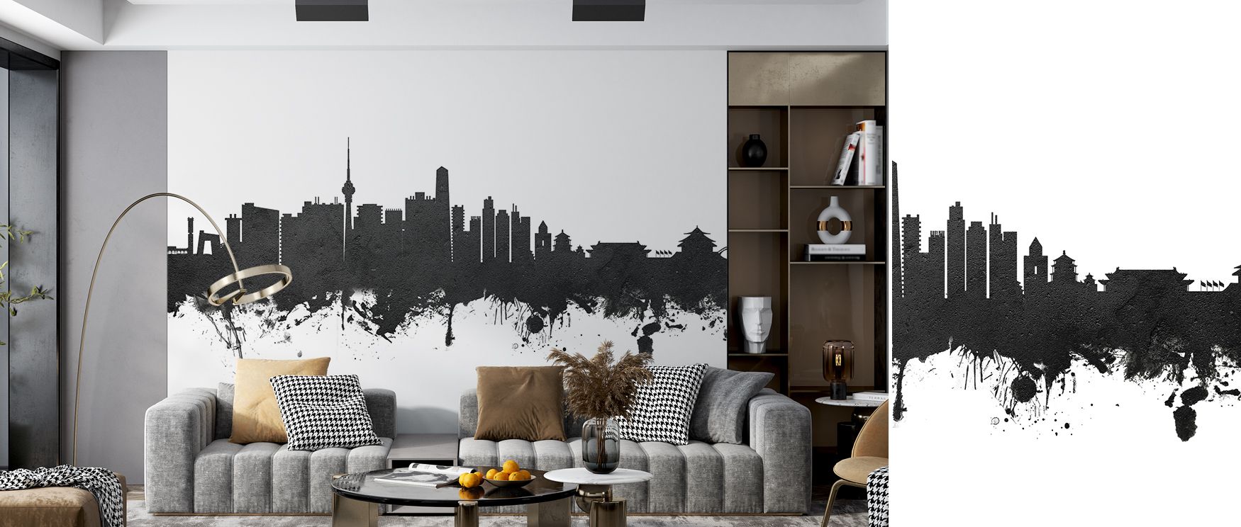Striking wallpaper design with Beijing city skyline in monochrome tones offers living rooms timeless artistic charm where architectural silhouettes become captivating backdrop enhancing mood and decor with balance of bold design and refined simplicity acr