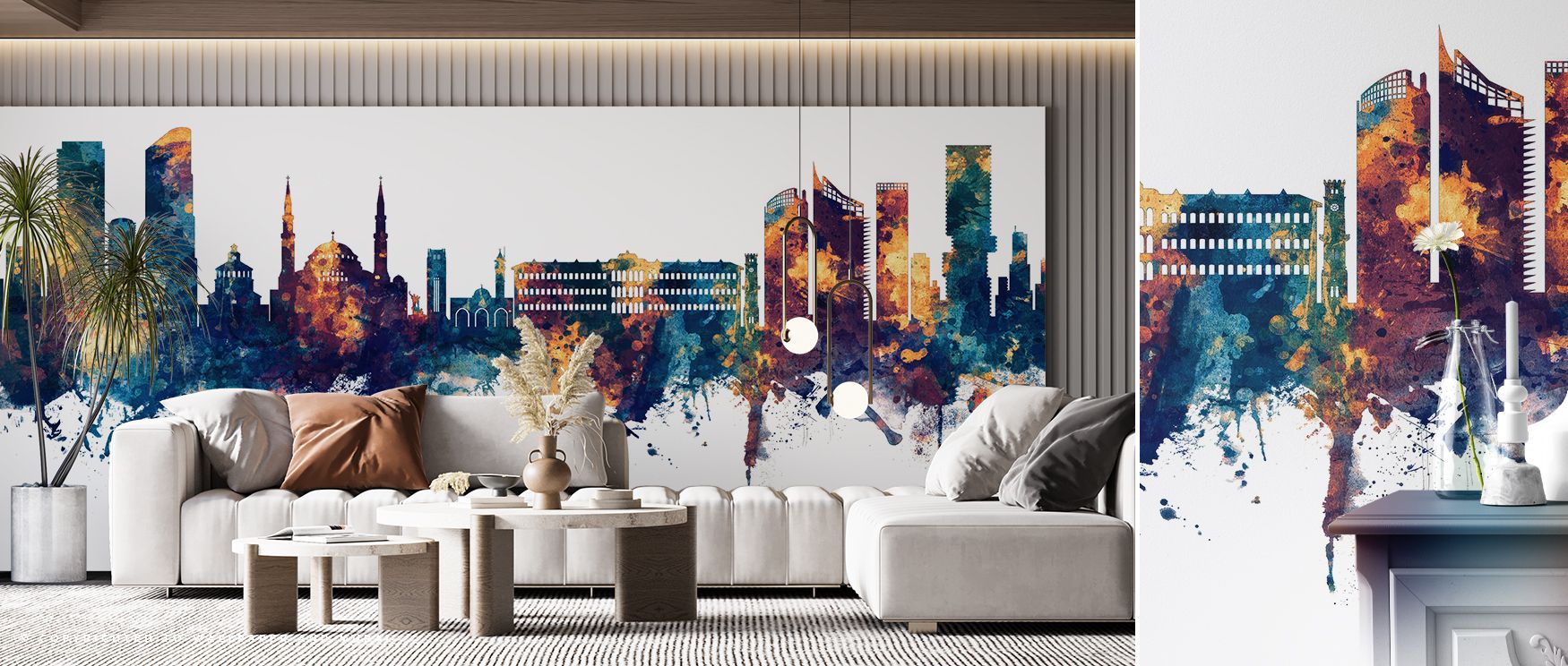 Beirut Skyline design wallpaper with bronze highlights against deep blue tones enriches living room walls creating cultural artistry and refined elegance where architectural details and color contrast enhance modern stylish settings beautifully.