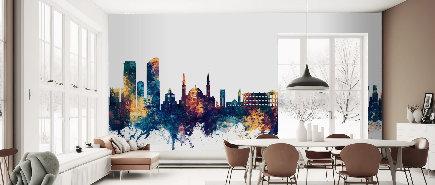 Wallpaper of Beirut Skyline in stylish blue and bronze palette transforms office walls into engaging professional environments where architectural silhouettes inspire creativity balanced with refined sophistication and cultural vibrancy consistently.