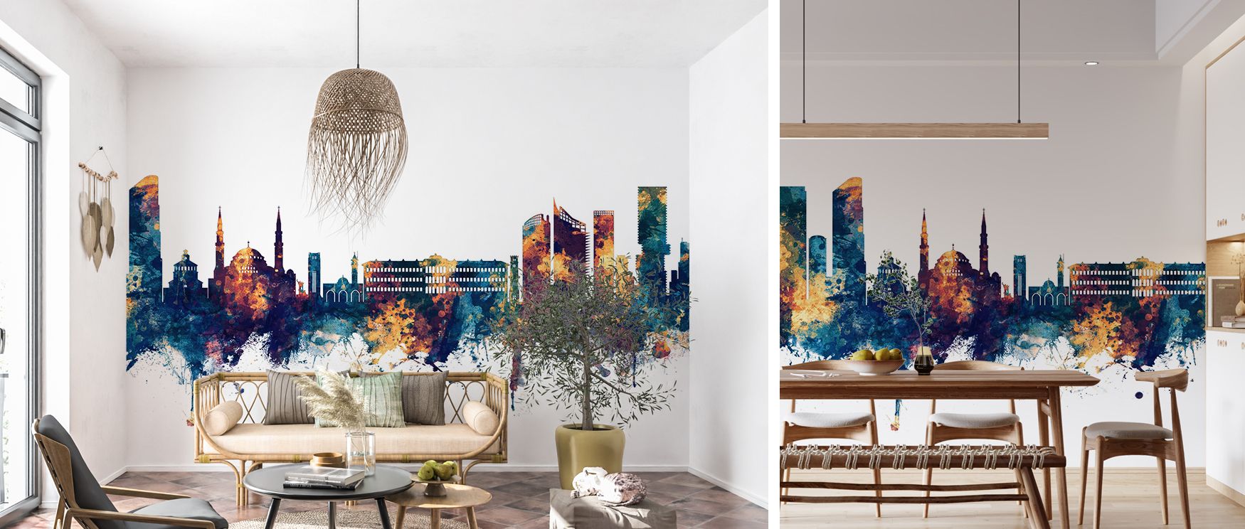 Blue and Bronze wallpaper design featuring Beirut Skyline imagery transforms bedrooms into elegant sanctuaries where calm blue tones foster relaxation and bronze details introduce warmth creating refined stylish balance within restful interiors effortless