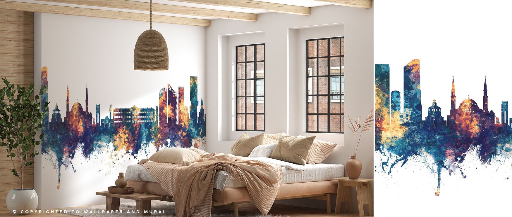 Beirut city skyline wallpaper in rich blue and bronze palette adds visual depth to offices where cultural imagery creates inspiring professional settings with creative energy while maintaining refined sophistication through striking color contrasts natura