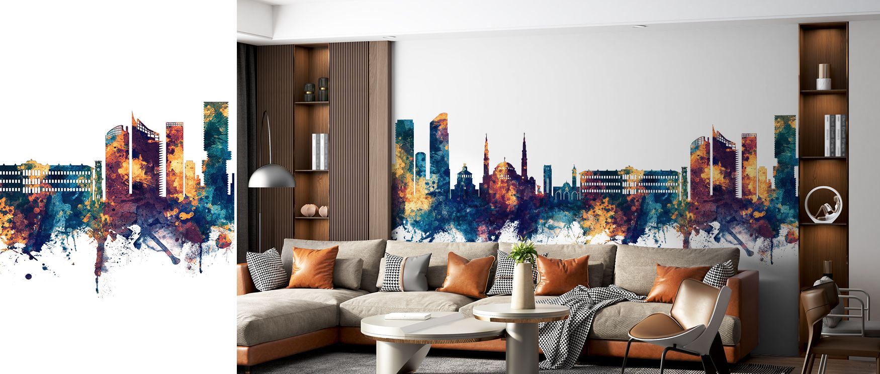 Artistic wallpaper design of Beirut Skyline in stylish blue and bronze tones enriches living room walls with cultural vibrancy and sophistication turning plain spaces into captivating artistic focal points that elevate decor with elegance consistently.