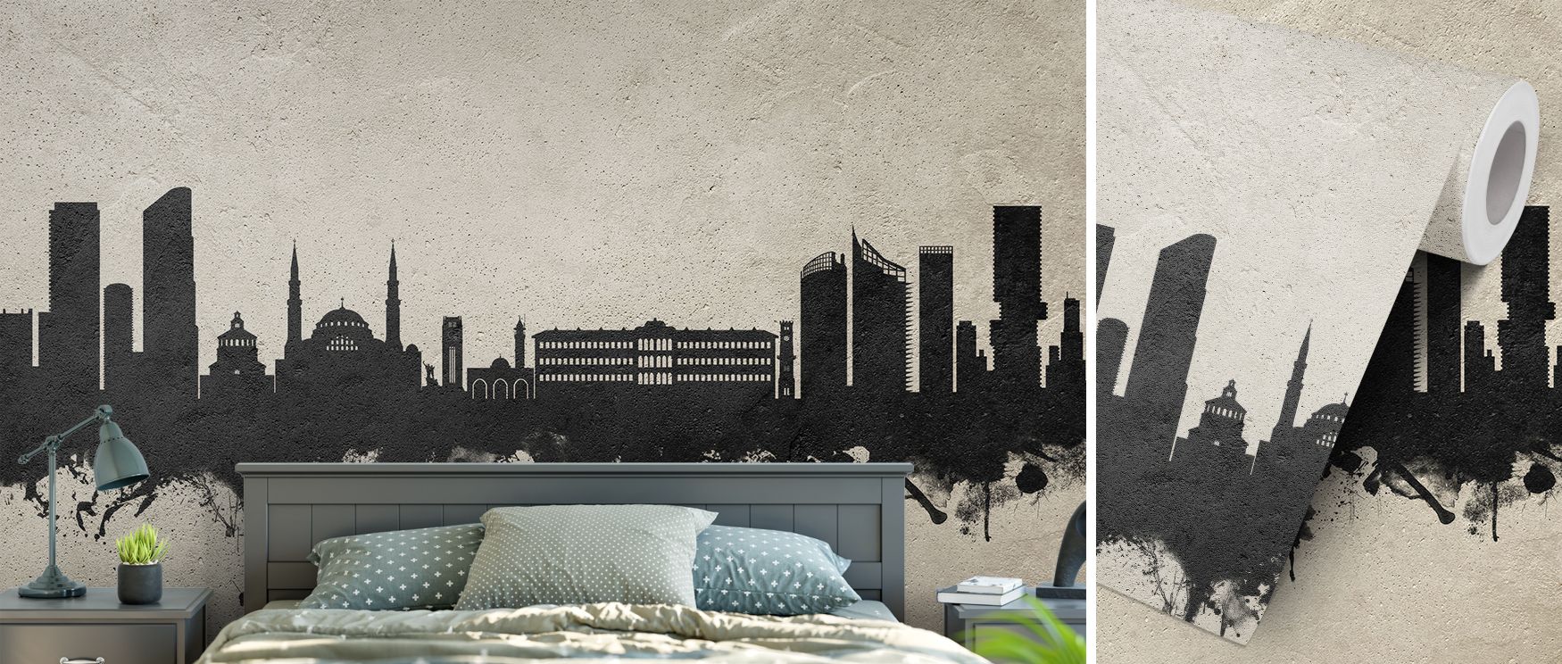 Beirut Lebanon Skyline Concrete Wallpaper design with architectural silhouettes in refined tones enhances living rooms by providing sophisticated neutral backdrop where urban artistry blends with modern interior elegance creating stylish understated atmos