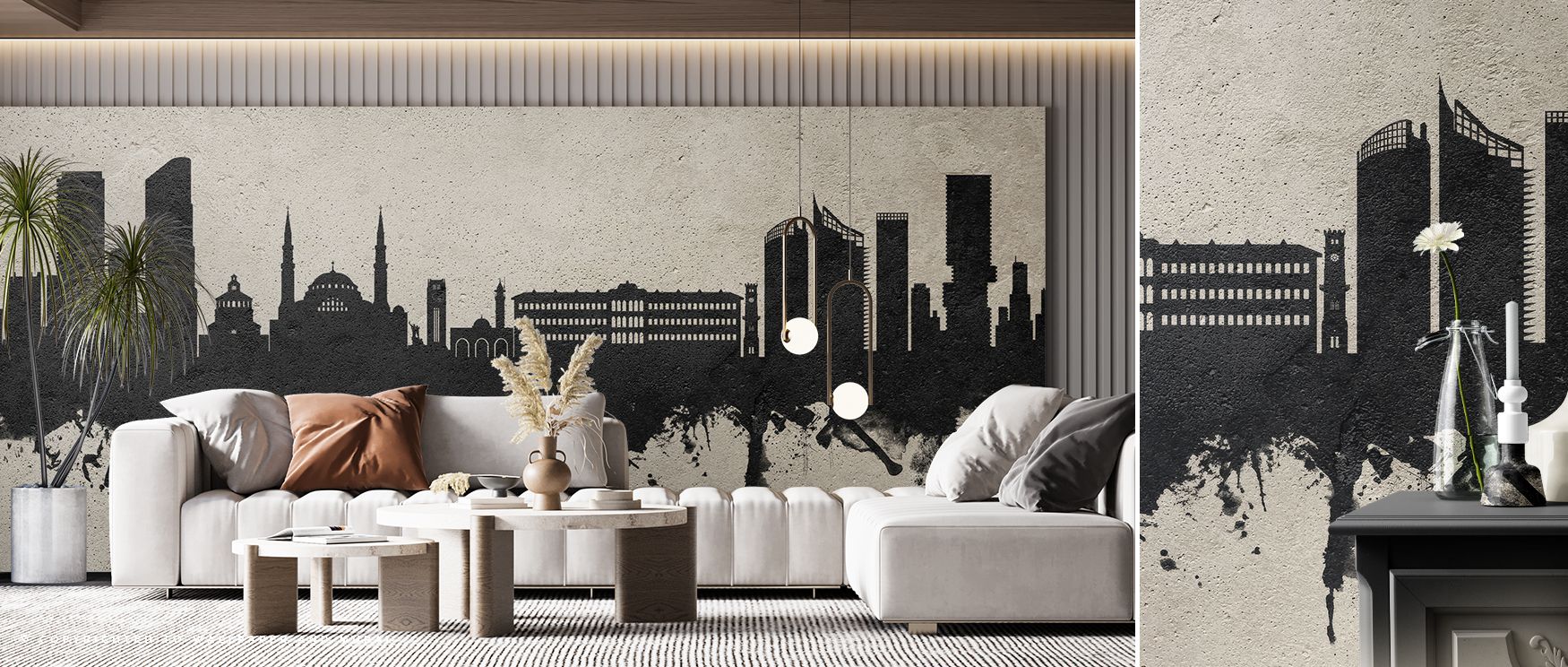 Wallpaper featuring Beirut Skyline in subtle concrete inspired tones enriches bedrooms with calming sophisticated detail as architectural imagery transforms walls into serene restful focal points offering understated urban charm within tranquil interiors 