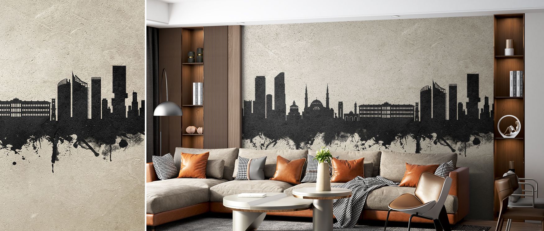 Concrete effect wallpaper of Beirut Skyline imagery enriches bedrooms with quiet elegance offering restful artistic detail that enhances atmosphere with balanced sophistication and subtle architectural artistry effectively.