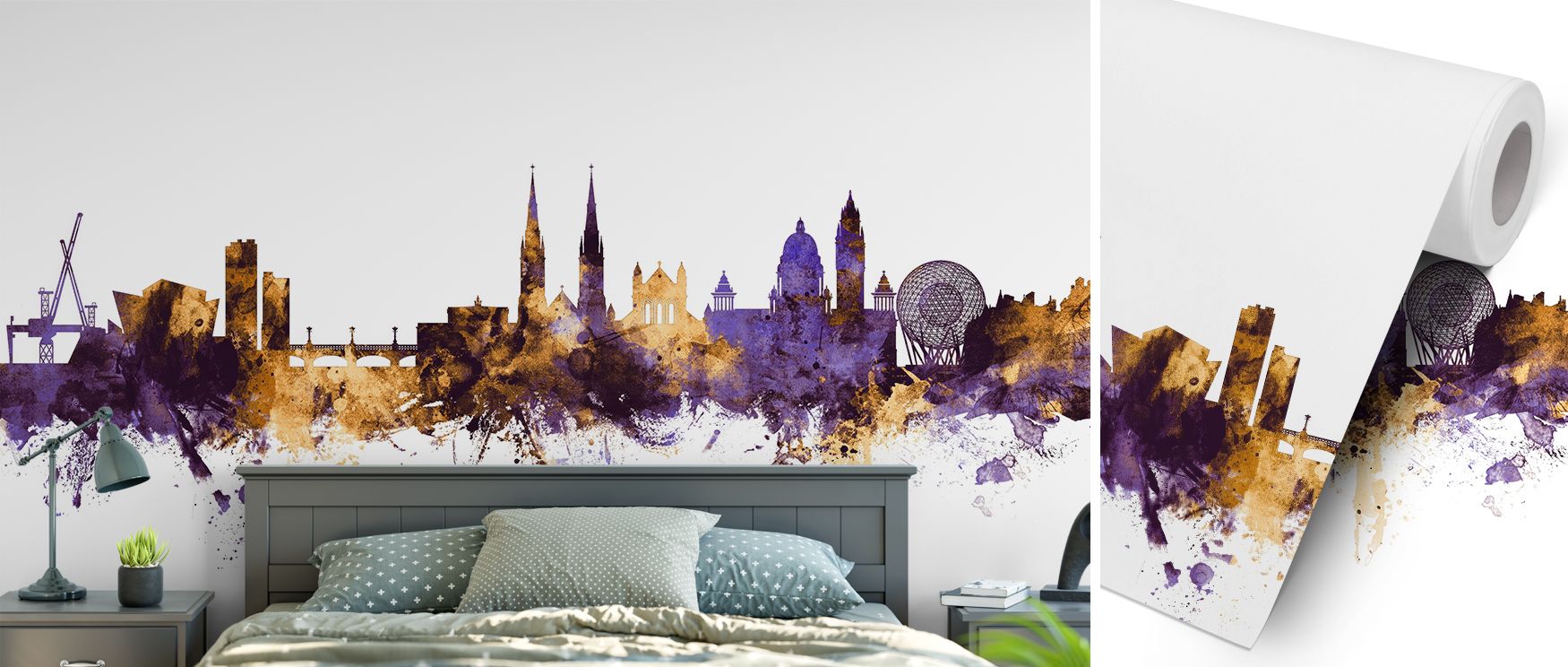 Belfast Skyline Purple and Gold Wallpaper design transforms living rooms into luxurious cultural spaces where regal tones of purple blend with shimmering gold creating artistic decor filled with Irish charm and refined sophistication enhancing interiors b