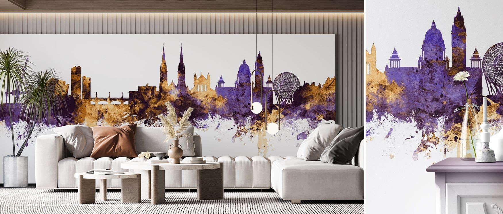 Elegant wallpaper of Belfast city skyline in purple and gold tones enriches bedrooms with striking artistic detail where regal palette creates restful sanctuary infused with charm and cultural sophistication suitable for stylish tranquil settings naturall