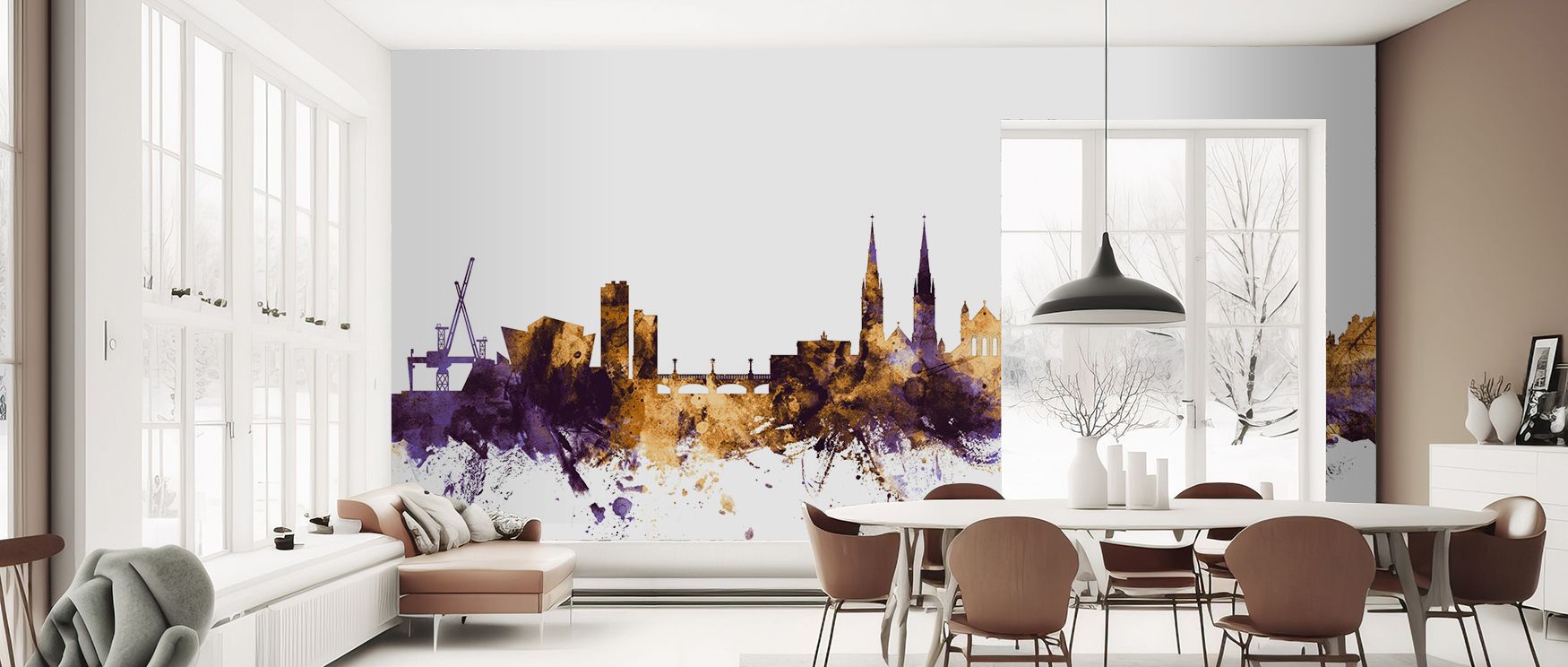Belfast Skyline Purple and Gold Wallpaper decorates living room walls with rich artistic imagery where regal tones transform atmosphere with Irish charm and bold stylish presence that elevates modern decor effectively.