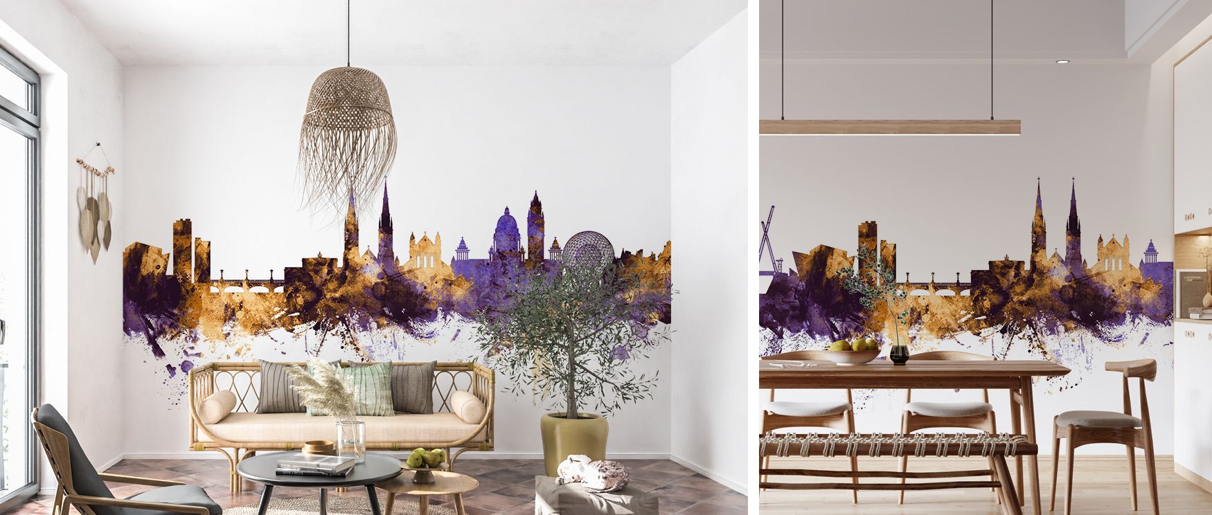 Belfast Skyline Wallpaper in purple and gold provides offices with bold inspiring backdrop where architectural silhouettes and regal tones foster creativity while maintaining professional elegance enhancing workspace atmosphere effectively.