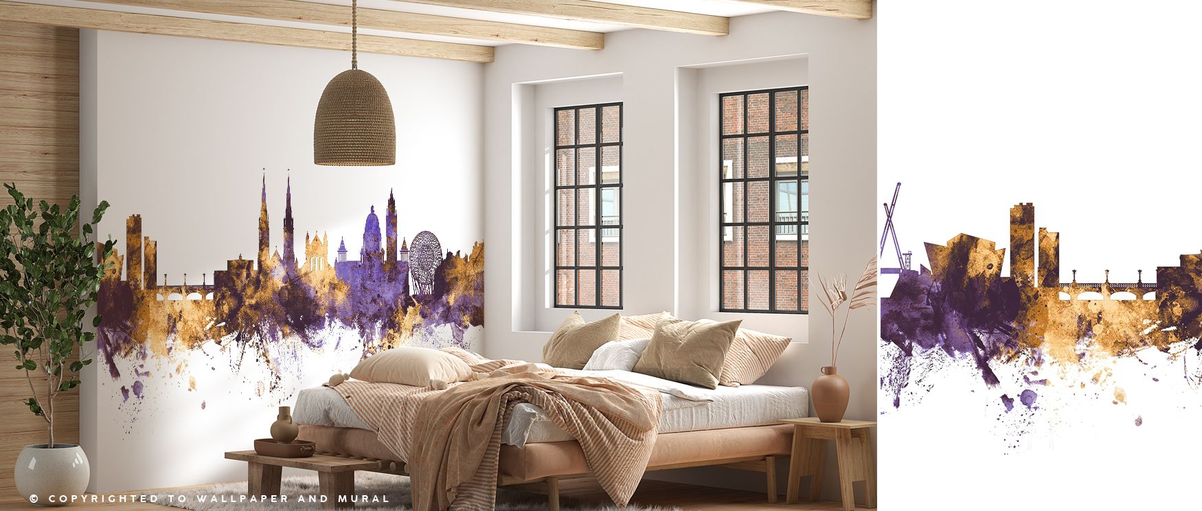 Artistic wallpaper design featuring Belfast Skyline imagery in regal tones enriches living rooms with Irish character and cultural vibrancy where purple and gold color scheme creates stylish focal wall with luxurious atmosphere consistently.