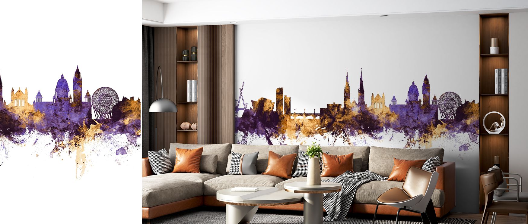 Wallpaper design Belfast Skyline Purple and Gold brings calming elegance to bedrooms where regal colors add restful balance and artistic charm while enhancing interior atmosphere with cultural sophistication naturally.