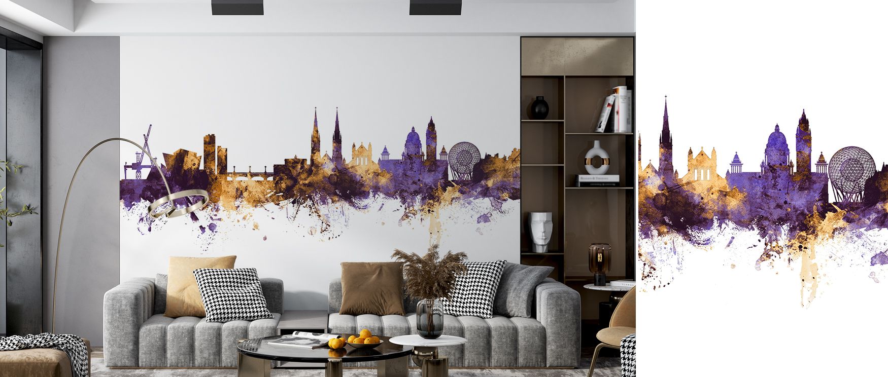 Belfast city skyline wallpaper design with purple and gold tones provides offices with inspiring decor where bold color palette energizes professional environment balancing creativity with sophistication consistently.