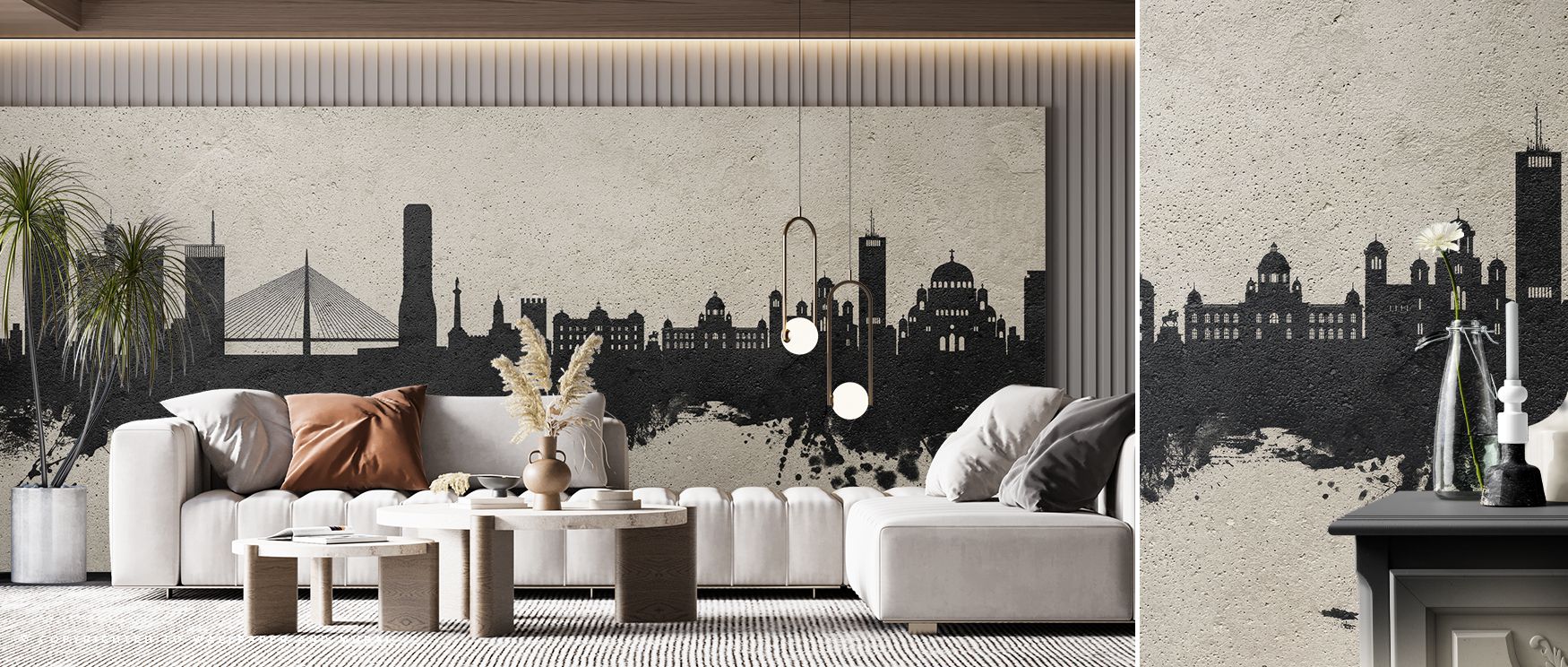 Wallpaper design featuring Belgrade Skyline in subtle concrete inspired palette enriches bedrooms with calm restful atmosphere where architecture becomes elegant wall motif providing stylish balance between cultural charm and minimal artistic decor natura