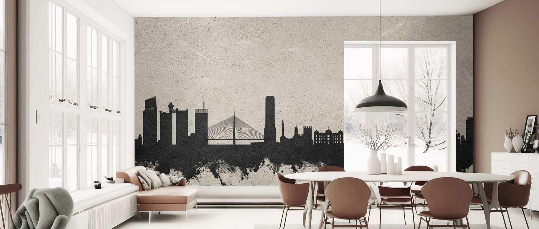 Wallpaper design Belgrade Skyline Concrete transforms living rooms into stylish cultural havens where architectural silhouettes in neutral palette provide engaging decor that balances minimalism with Serbian charm and refined artistry effectively.
