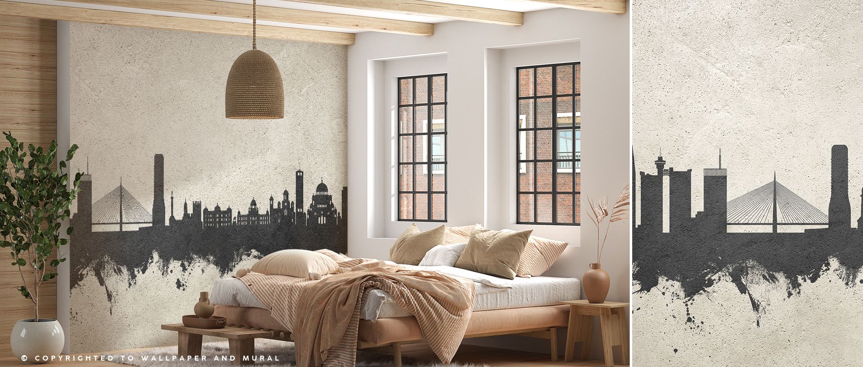 Artistic wallpaper featuring Belgrade Skyline imagery in refined concrete tones transforms living rooms into stylish spaces with urban charm where subtle palette and architectural details enhance contemporary atmosphere consistently.