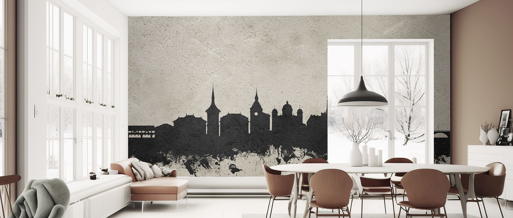 Gentle tones define the Bern Switzerland Skyline Concrete Wallpaper, where urban imagery enriches walls. It offers subtle sophistication and cultural pride across various spaces. 
