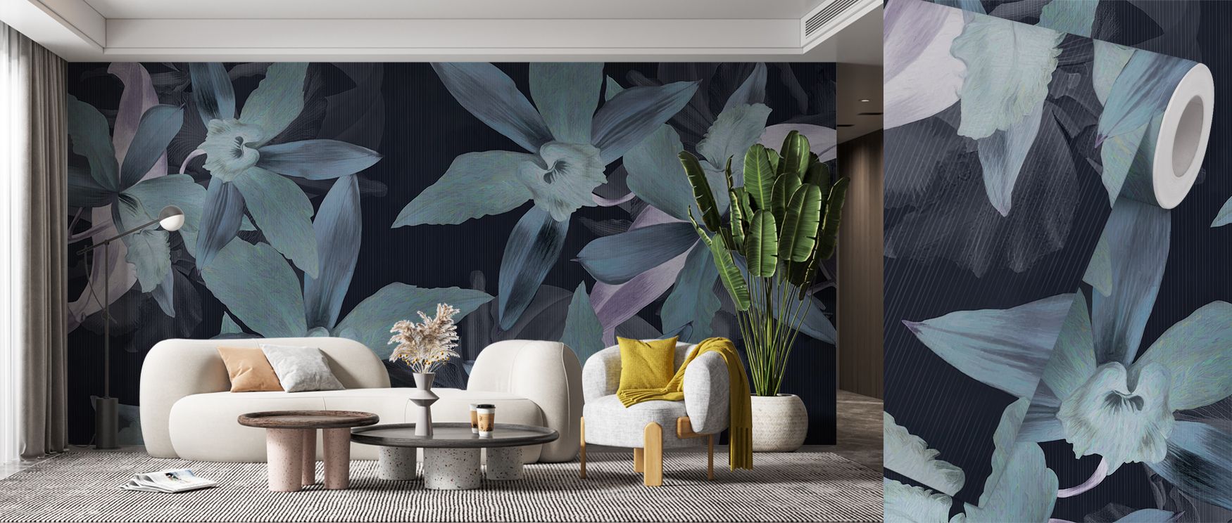 Exotic charm is captured in the Big Orchids Dark Green Floral Wallpaper, where blooms enrich interiors with elegance. It adapts across modern or eclectic décor. 