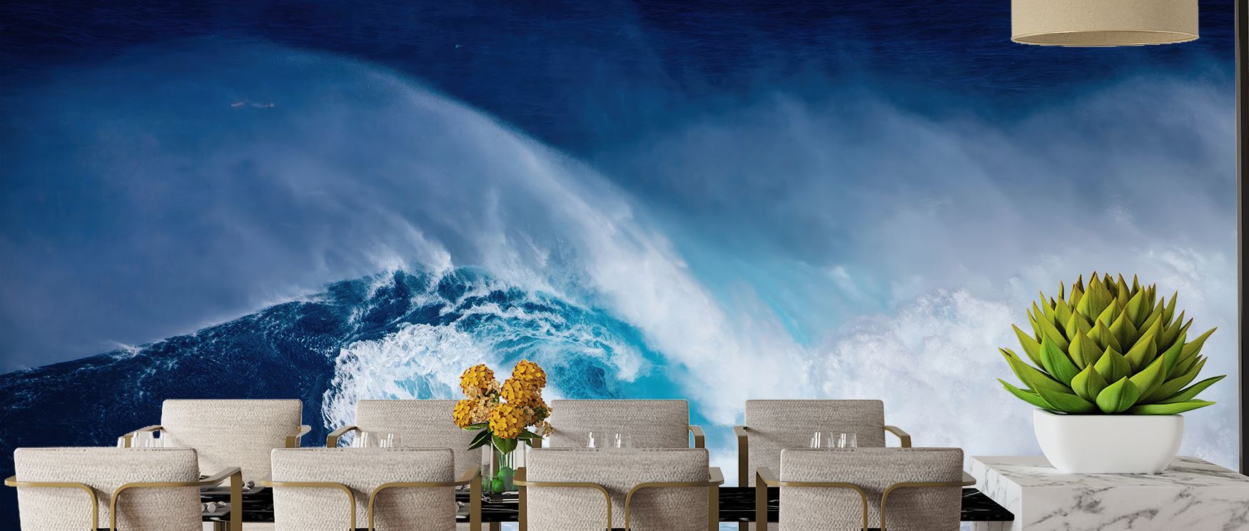Coastal vibrancy shines in the Big Wave Surfer Scenic Wallpaper, where wave patterns enrich walls. It adapts to various styles, creating stylish and meaningful interiors. 
