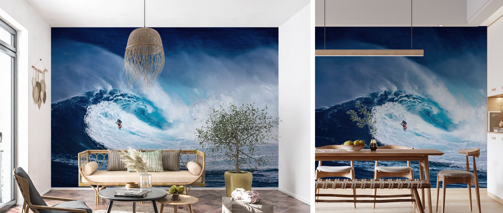 Dynamic rhythm flows in the Big Wave Surfer Scenic Wallpaper, where wave imagery fills walls. It creates stylish atmospheres filled with coastal artistry and energy. 