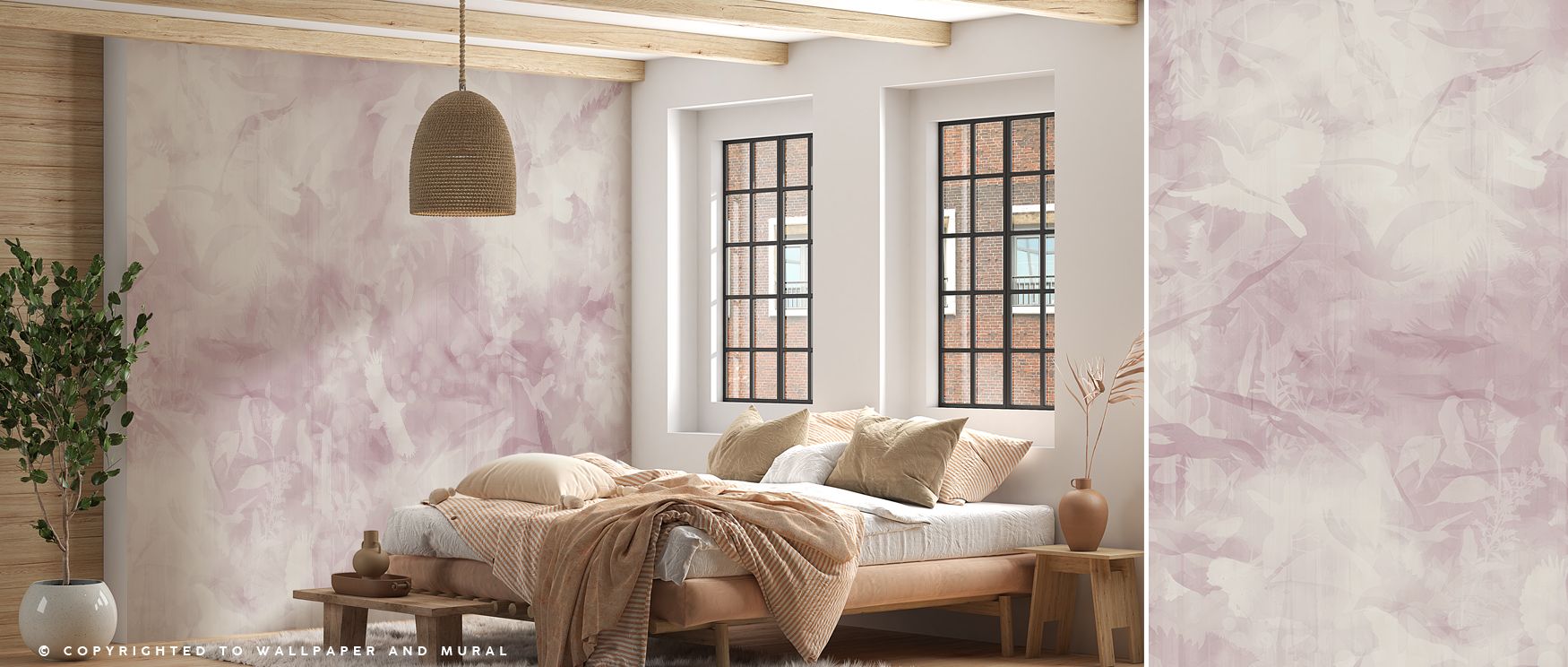 Designed with subtle artistry, this wallpaper celebrates movement and stillness together. Its birds and surrounding foliage offer gentle elegance, creating sophisticated spaces that remain inviting and comfortable, suitable for restful bedrooms or work-fo